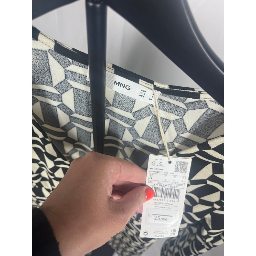 NWT Mango Geometric Print Mini Dress Size 4 Small Black & White Long Sleeve - Picture 3 of 5